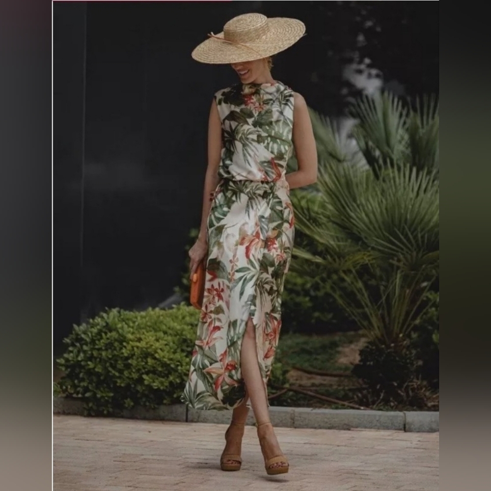 ZARA NEW WOMAN SS24 TROPICAL PRINT MIDI DRESS ECRU GREEN 3535/216 Sz XS S